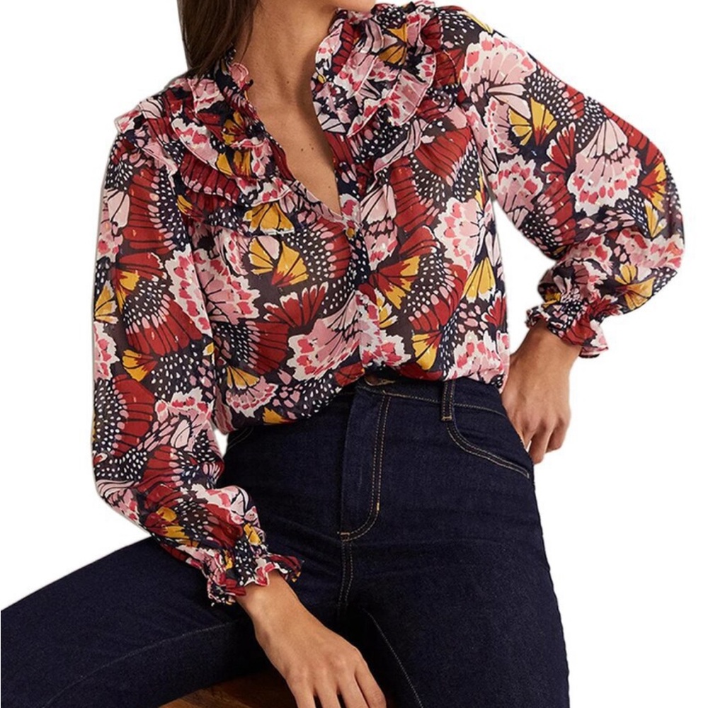 Boden ruffle neck shirt-pink